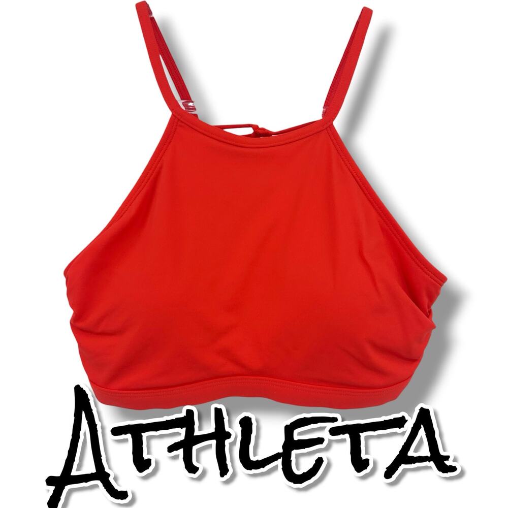 Athleta High Neck Bikini Top Sports Bra Red Orange Macrame Back Swim S